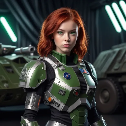 Prompt: (ultra realistic) full body image of US space force girl, red hair, skinny, short, thin and petite, light skin, pouty mouth, button nose, stunning green eyes, age 18, dressed in (futuristic battle armor and lightsaber), confidently posed with tank, intricate star-base background, dramatic lighting casting deep shadows, textured military clothing revealing fabric folds, (cinematic depth), ultra-detailed, (4K resolution).