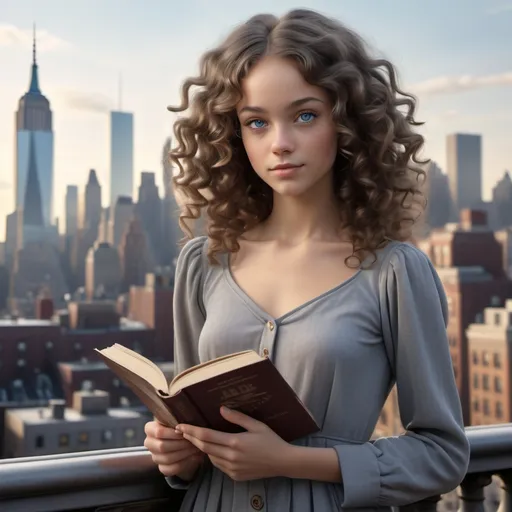 Prompt: (realistic image of 1970's girl age-18), (thin, pretty, petite, skinny), light skin, (curly dark hair), blue eyes, (dressed in grey), posed wielding book, period new york city background, morning, (rich textures), (soft lighting), (ultra-detailed), 4k quality, opulent decor.