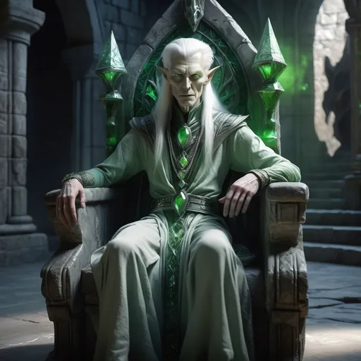 Prompt: Realistic image of Alien wizard, (extremely tall, thin, gaunt, skinny), (pale-skinned), (white hair), (large greenish eyes), serene pose, magical jewelry, in castle on stone throne, (crisp detail), (majestic atmosphere), dramatic shadows, (vibrant cold hues), (highly textured), (4K), (ultra-realistic), ethereal glow surrounding, evocative of supernatural elegance, tranquil and enchanting scene.