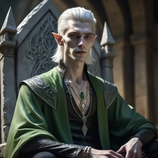 Prompt: Realistic image of young handsome Alien wizard, (extremely tall, thin, gaunt, skinny), (pale-skinned), (white hair), (large greenish eyes), serene pose, magical jewelry, in castle on stone throne, (crisp detail), (majestic atmosphere), dramatic shadows, (vibrant cold hues), (highly textured), (4K), (ultra-realistic), ethereal glow surrounding, evocative of supernatural elegance, tranquil and enchanting scene.