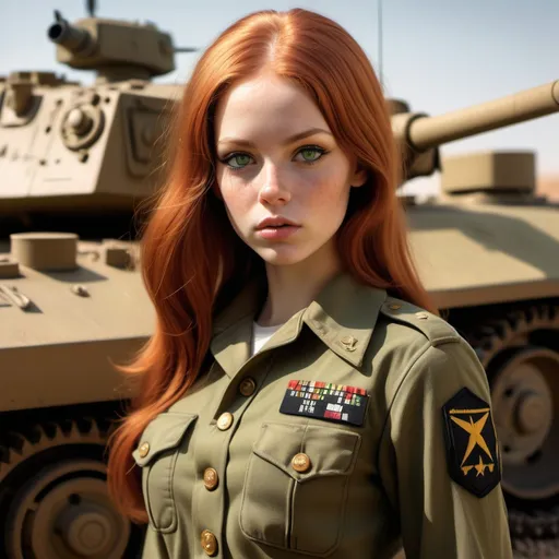 Prompt: (ultra realistic) 1970's US army girl, long red hair, skinny, short, thin and petite, light skin, pouty mouth, button nose, stunning green eyes, age 18, dressed in (authentic US army uniform), confidently posed near a period tank, intricate war background, dramatic lighting casting deep shadows, textured military clothing revealing fabric folds, (cinematic depth), ultra-detailed, (4K resolution).