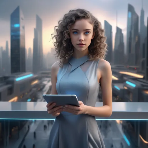 Prompt: (realistic image of 2020's girl age-18), (thin, pretty, petite, skinny), light skin, (curly dark hair), blue eyes, (dressed in grey dress), posed wielding tablet, futuristic city background, misty morning, (rich textures), (soft lighting), (ultra-detailed), 4k quality, opulent decor.