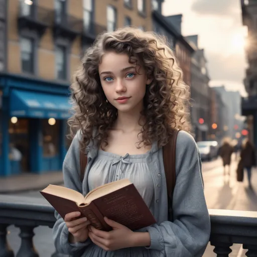 Prompt: (realistic image of 1990's girl age-18), (thin, pretty, petite, skinny), light skin, (curly dark hair), blue eyes, (dressed in grey), posed wielding book, period city background, morning, (rich textures), (soft lighting), (ultra-detailed), 4k quality, opulent decor.