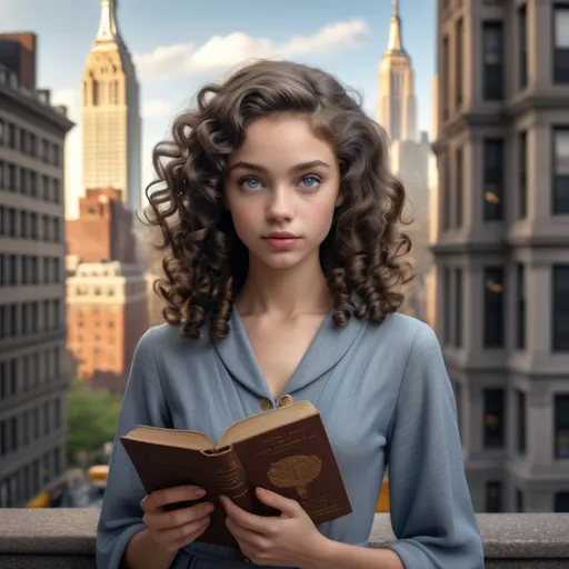 Prompt: (realistic image of 1960's girl age-18), (thin, pretty, petite, skinny), light skin, (curly dark hair), blue eyes, (dressed in grey), posed wielding ancient book, period new york city background, morning, (rich textures), (soft lighting), (ultra-detailed), 4k quality, opulent decor.