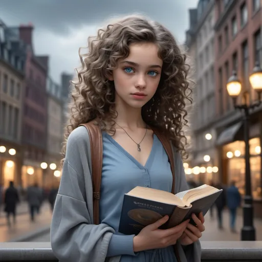 Prompt: (realistic image of 1980's girl age-18), (thin, pretty, petite, skinny), light skin, (curly dark hair), blue eyes, (dressed in grey), posed wielding book, period city background, morning, (rich textures), (soft lighting), (ultra-detailed), 4k quality, opulent decor.