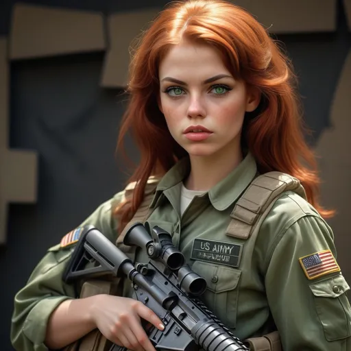 Prompt: (ultra realistic) 1980's US army girl, red hair, skinny, short, thin and petite, light skin, pouty mouth, button nose, stunning green eyes, age 18, dressed in (authentic US army battle gear), confidently posed with ar-15, intricate war background, dramatic lighting casting deep shadows, textured military clothing revealing fabric folds, (cinematic depth), ultra-detailed, (4K resolution).