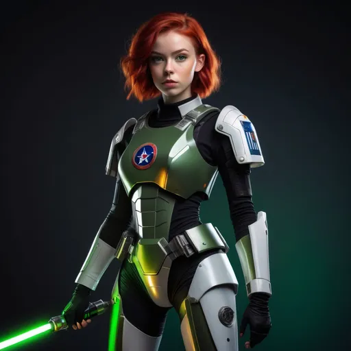 Prompt: (ultra realistic) full body image of US space force girl, red hair, skinny, short, thin and petite, light skin, pouty mouth, button nose, stunning green eyes, age 18, dressed in (futuristic battle armor and lightsaber), confidently posed with tank, intricate star-base background, dramatic lighting casting deep shadows, textured military clothing revealing fabric folds, (cinematic depth), ultra-detailed, (4K resolution).