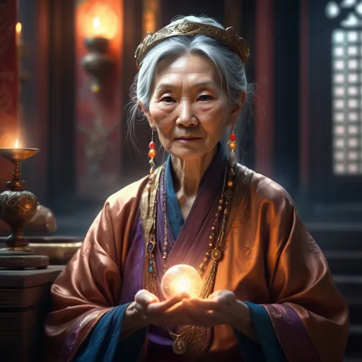 Prompt: Realistic image of old woman ASIAN wizard, (short, thin, skinny), serene pose with magic accessories, magical jewelry, in palace, (crisp detail), (majestic atmosphere), dramatic shadows, (vibrant warm hues), (highly textured), (4K), (ultra-realistic), ethereal glow surrounding, evocative of supernatural elegance, tranquil and enchanting scene.