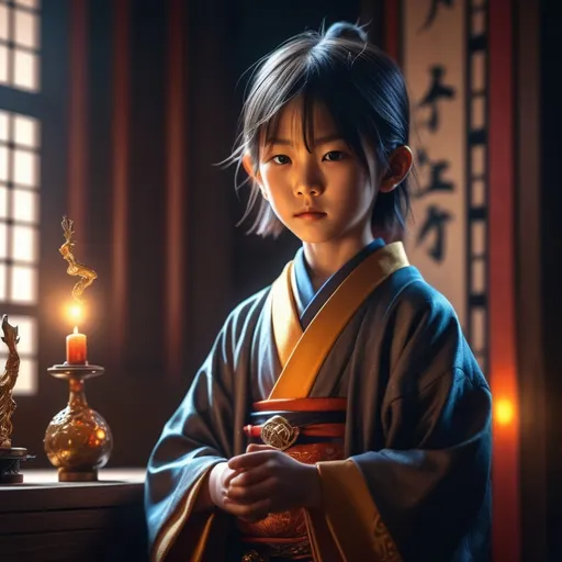 Prompt: Realistic image of child japanese wizard, (short, thin, skinny), serene pose with magic accessories, magical jewelry, in palace, (crisp detail), (majestic atmosphere), dramatic shadows, (vibrant warm hues), (highly textured), (4K), (ultra-realistic), ethereal glow surrounding, evocative of supernatural elegance, tranquil and enchanting scene.