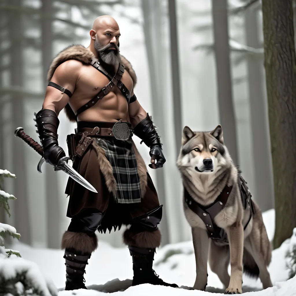 Prompt: (barbarian man), (heavily muscled, tall, light tan skin, ruggedly handsome), (short black-grey beard, bald), (heavy brown leather studded armor accented with black-grey tartan), posed wielding a glowing light-sword, walking alongside a majestic dire-wolf, set against forest background with muffled greens and browns, a sense of adventure, exquisite (crisp details), (ultra-detailed), creating a captivating ambiance and enchanting atmosphere, enhanced with (muted colors) for a dramatic effect.