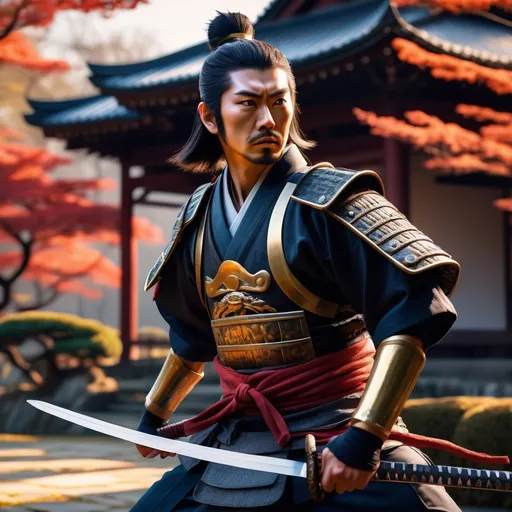 Prompt: Realistic image of Japanese warrior, (short, thin, skinny), defensive pose with sword, palace gardens, (crisp detail), dramatic shadows, (vibrant warm hues), (highly textured), (4K), (ultra-realistic), ethereal glow surrounding, evocative of supernatural elegance, tranquil and enchanting scene.