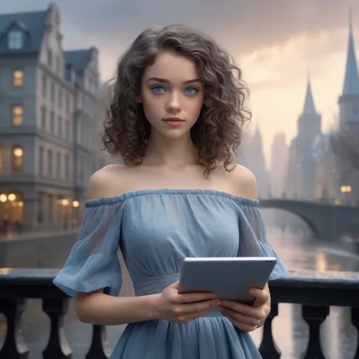 Prompt: (realistic image of 2020's girl age-18), (thin, pretty, petite, skinny), light skin, (curly dark hair), blue eyes, (dressed in grey dress), posed wielding tablet, period city background, misty morning, (rich textures), (soft lighting), (ultra-detailed), 4k quality, opulent decor.