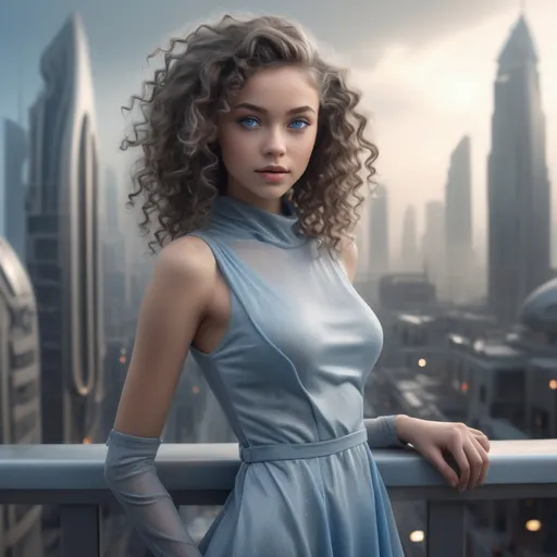 Prompt: (realistic image of futuristic girl age-18), (thin, pretty, petite, skinny), light skin, (curly dark hair), blue eyes, (dressed in grey dress), posed flirty, futuristic city background, misty morning, (rich textures), (soft lighting), (ultra-detailed), 4k quality, opulent decor.