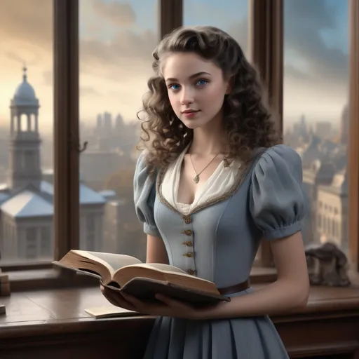 Prompt: (realistic image of 1940's girl age-18), (thin, pretty, petite, skinny), light skin, (curly dark hair), blue eyes, (dressed in grey), posed wielding ancient magic book, period library background, morning city view out of large window, (rich textures), (soft lighting), (ultra-detailed), 4k quality, opulent decor.