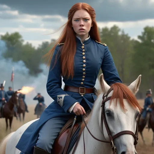 Prompt: American civil war girl age 18, (ultra realistic), long red hair, thin and petite, light skin, pouty mouth, button nose, deep green eyes, wearing blue civil war union uniform clothes, posed on horseback at battlefield wielding a pistol, detailed period background, dramatic lighting, textured clothing, cinematic depth, (4K resolution).