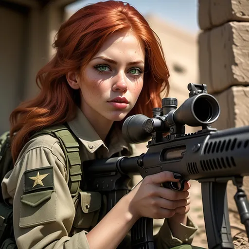 Prompt: (ultra realistic) 1990's US army girl, red hair, skinny, short, thin and petite, light skin, pouty mouth, button nose, stunning green eyes, age 18, dressed in (authentic US army battle gear), confidently posed with sniper rifle, intricate war background, dramatic lighting casting deep shadows, textured military clothing revealing fabric folds, (cinematic depth), ultra-detailed, (4K resolution).