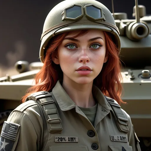 Prompt: (ultra realistic) 2020's US army girl, red hair, skinny, short, thin and petite, light skin, pouty mouth, button nose, stunning green eyes, age 18, dressed in (authentic US army battle gear), confidently posed with tank, intricate war background, dramatic lighting casting deep shadows, textured military clothing revealing fabric folds, (cinematic depth), ultra-detailed, (4K resolution).