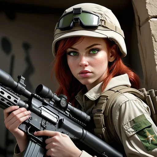 Prompt: (ultra realistic) 2010's US army girl, red hair, skinny, short, thin and petite, light skin, pouty mouth, button nose, stunning green eyes, age 18, dressed in (authentic US army battle gear), confidently posed with sniper rifle, intricate war background, dramatic lighting casting deep shadows, textured military clothing revealing fabric folds, (cinematic depth), ultra-detailed, (4K resolution).