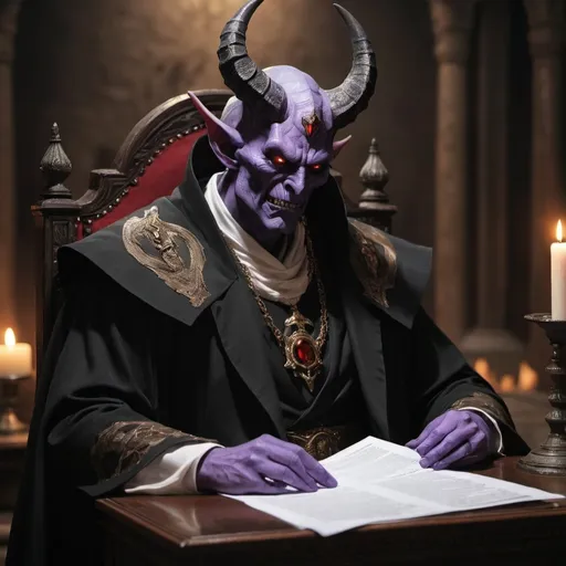 Prompt: Beloved Demon Lord reading political documents