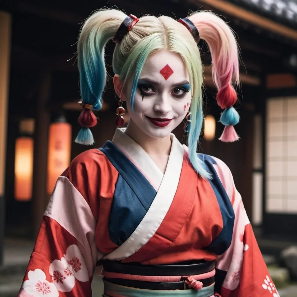 Prompt: Harley Quin in a Traditional Japanes outfit