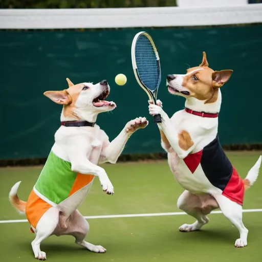 Prompt: Two dogs playing lawn tennis against eachother