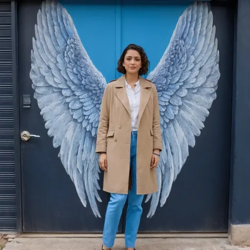 Prompt: a woman standing in front of a garage door with an angel wings mural on it's side and a blue door behind her, Bouchta El Hayani, neoplasticism, vfx, a picture