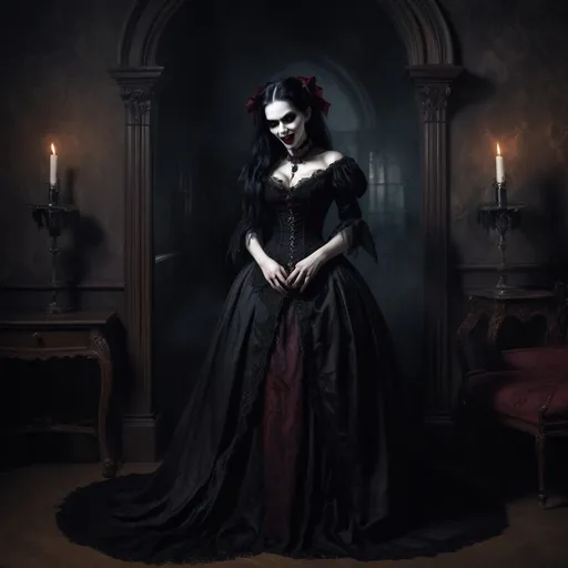 Prompt: vampire true form in Victorian times showing her vampiric fangs full length picture dark gothic scene