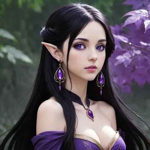 Prompt: pretty Elf women, dark black long hair, anime, purple earrings 