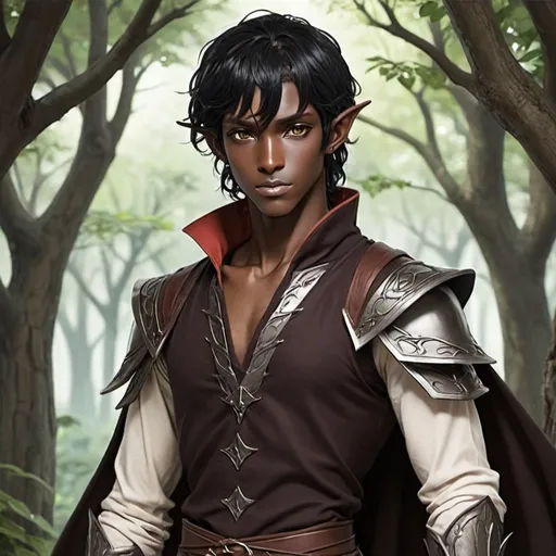 Prompt: Black haired wood elf male rouge dark skinned anime