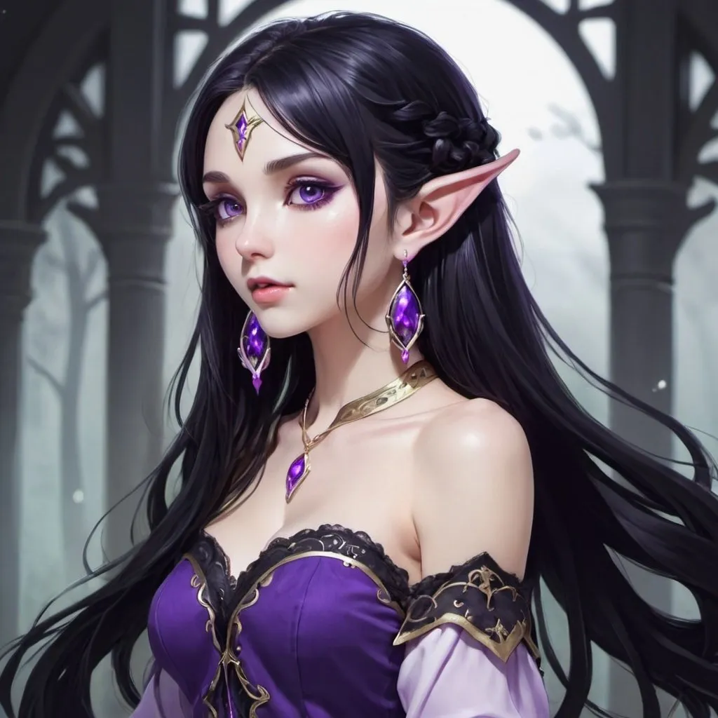 Prompt: pretty Elf women, dark black long hair, anime, purple earrings 