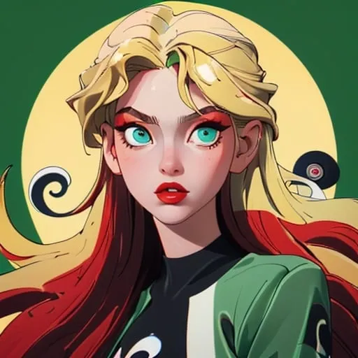 Prompt: masterpiece, best quality, a girl with blonde long hair red lipstick green eyes with the letters YinYang 