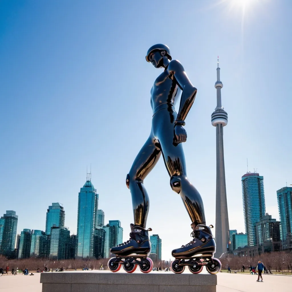 Prompt: A shiny giant statue of a rollerblade in front of the skyline of Toronto. good looking skaters skate around it
