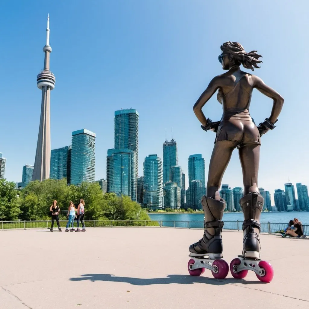 Prompt: Statue of a giant rollerblade in front of toronto skyline.  Pretty girls in rollerblades and a few guys in rollerblades skate around it