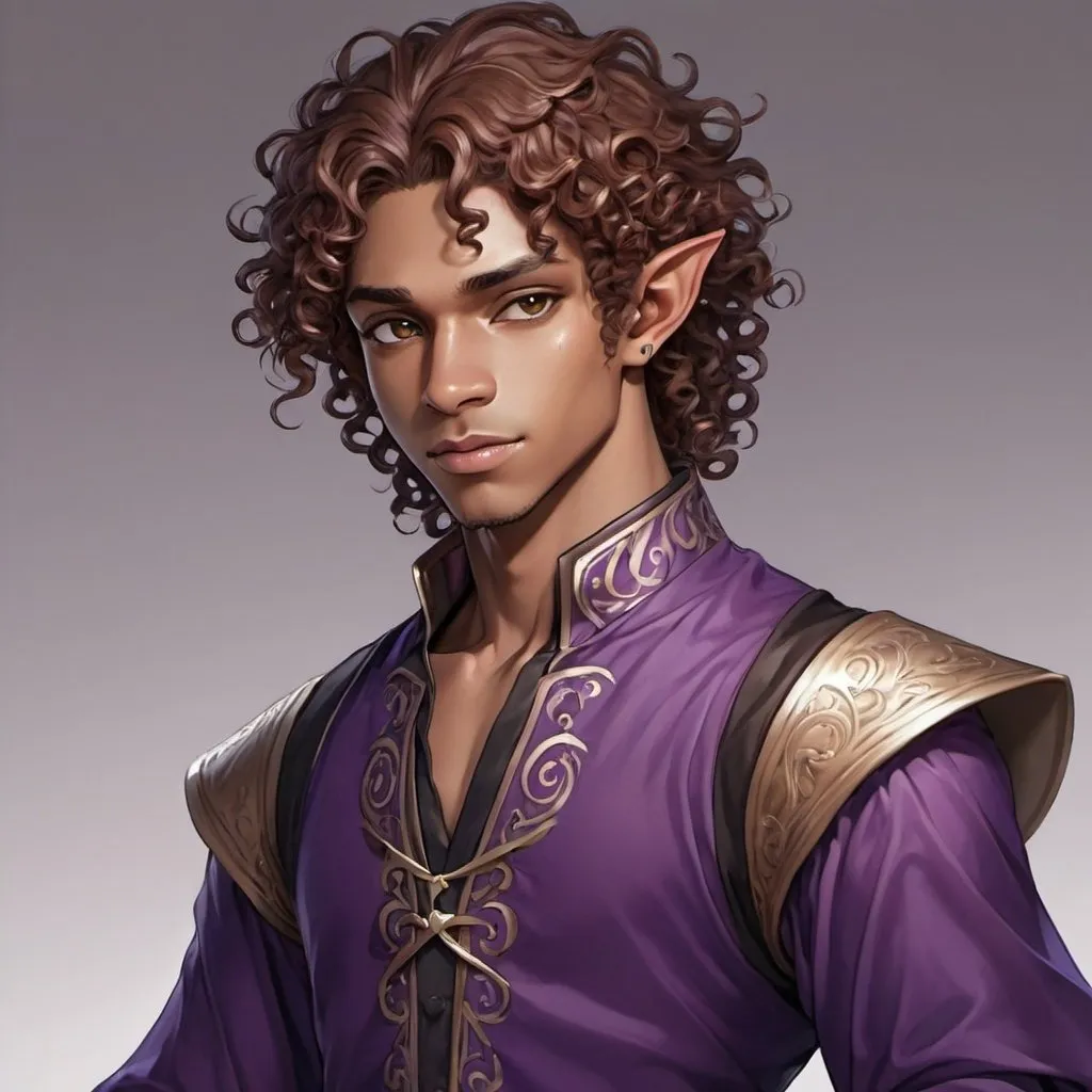 Prompt: Rouge wood elf, light skinned black male, brown hair , purple dress, silky hair curly, brown hair , anime art