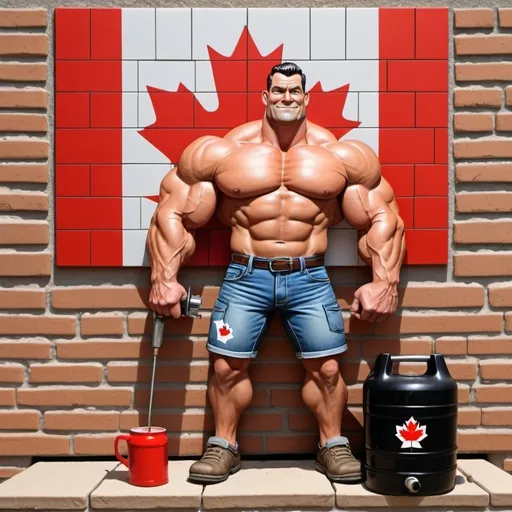 Prompt: A manly corn hole player cartoon with big muscles with Canada Flag in back ground. Make the man holding a beer and a drill with a grout mixer in the other hand. make the background look like a cartoon tile wall. place a corn hole board near the bottom.

