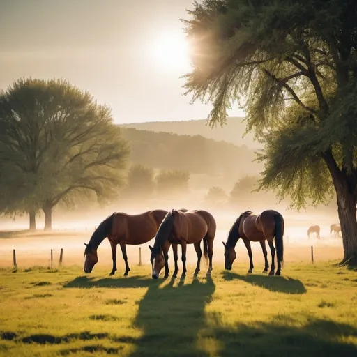 Prompt: Inspirational  image of horses or nature. A serene landscape with horses grazing under the sun. Style Keywords: serene, natural, inspiring. Type of Camera: DSLR. Camera Lens: Telephoto Lens. Post Processing Techniques: Lightroom: Enhance colors
