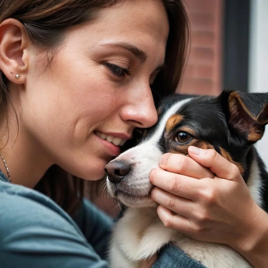 Prompt: close up photo capturing the bond between a pet and its owner. Style: emotional, candid, close-up. camera type: mirrorless. lens type: macro lens. post processing: snapseed: enhance details