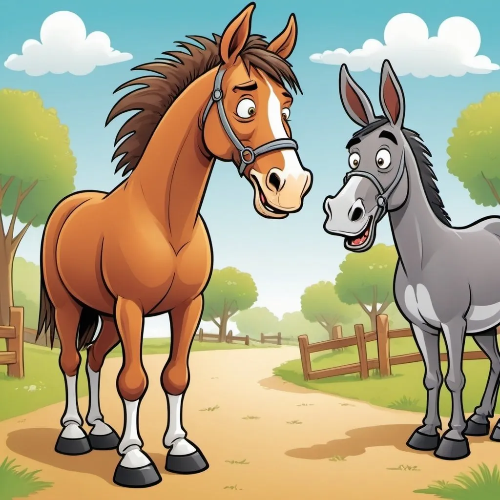 Prompt: Cartoon illustration of a horse and donkey in a humorous scene. Style Keywords: cartoonish, humorous, playful. Camera Type: Digital Camera: Post processing techniques: cartoon effects