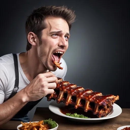 Prompt: Create a super high resolution image of a man eating ribs crazily 