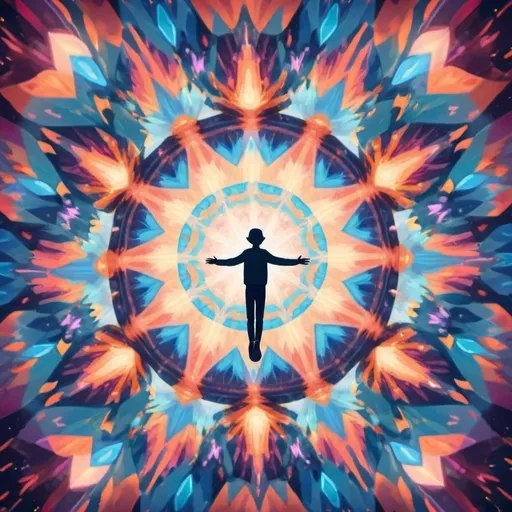 Prompt: animated person flying through kaleidoscopic sky