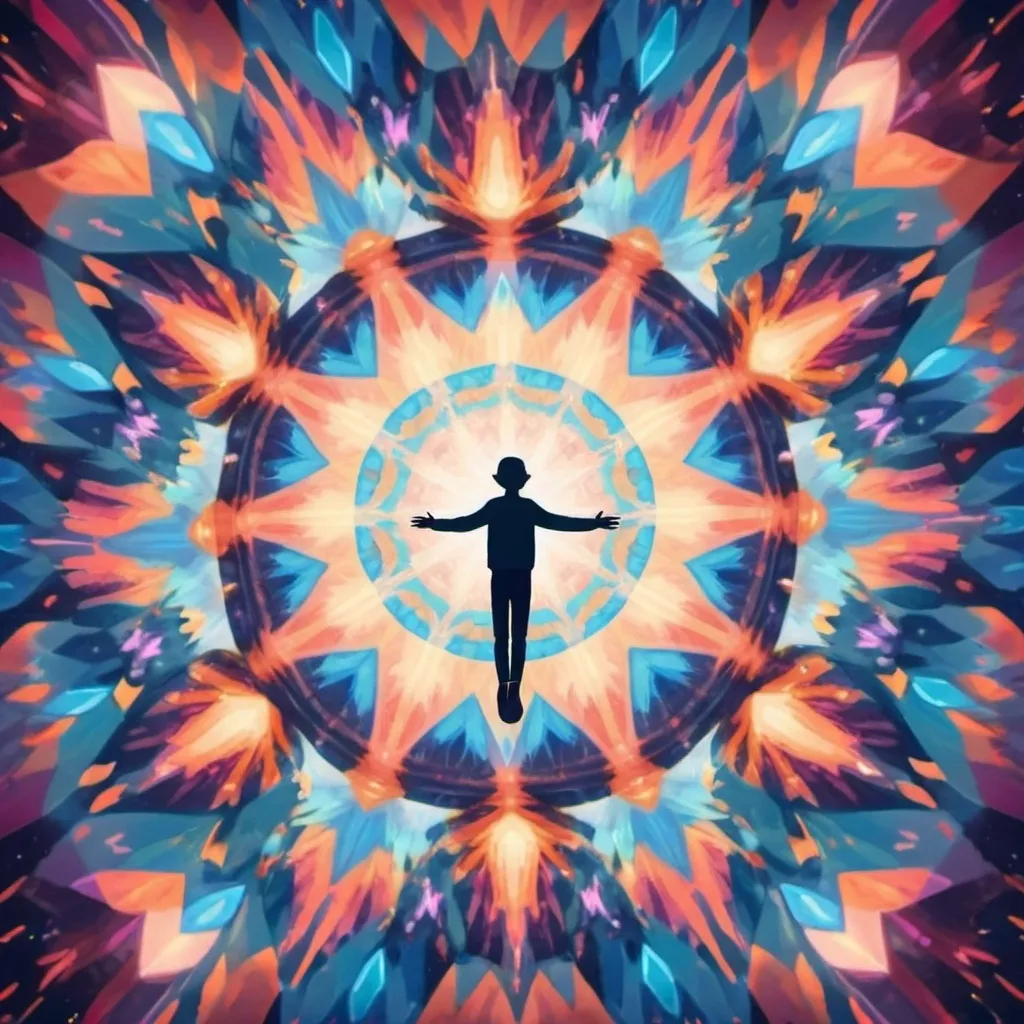 Prompt: animated person flying through kaleidoscopic sky