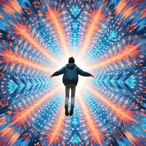 Prompt: animated nice person flying through kaleidoscopic sky