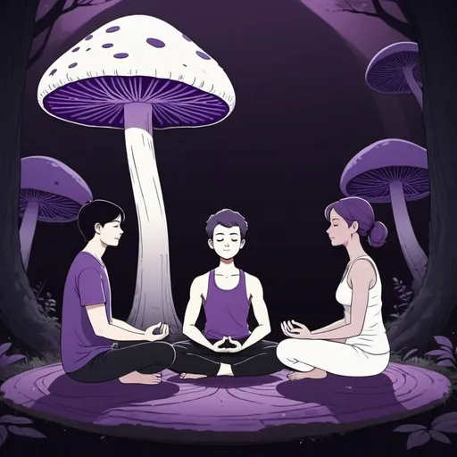 Prompt: One young adult, one middle aged, and one older sit and meditate together encircling a tall dark violet and off-white mushroom, in animated style 