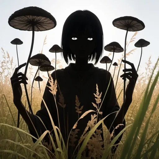 Prompt: anime shadow person silhouette faces the camera, holding up photorealistic grasses and fungi