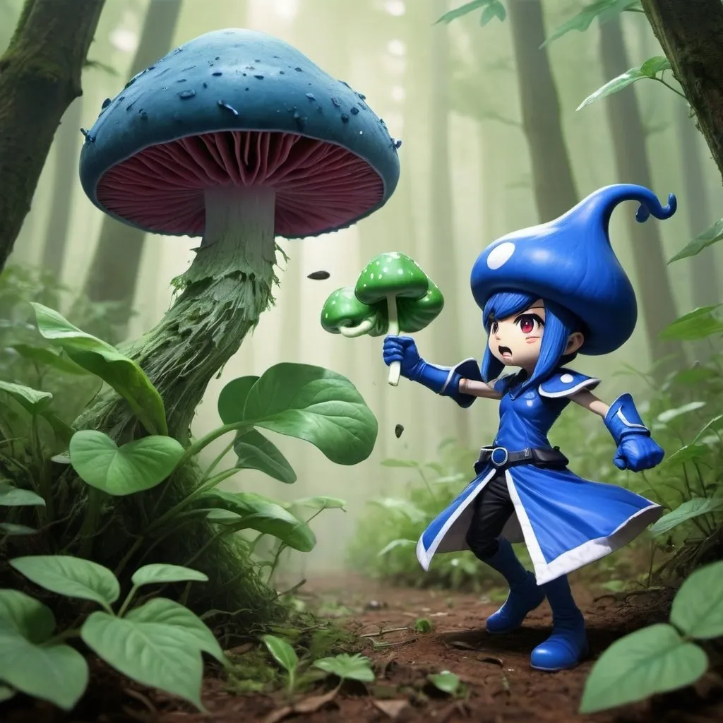 Prompt: Epic battle between leafy plant and blue mushroom, in anime style
