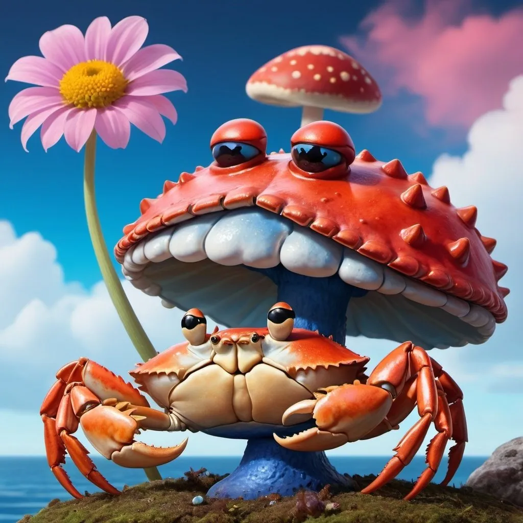 Prompt: Serious crab in semi realistic style winking at a tall flower next to a blue mushroom, with a colorful sky in background