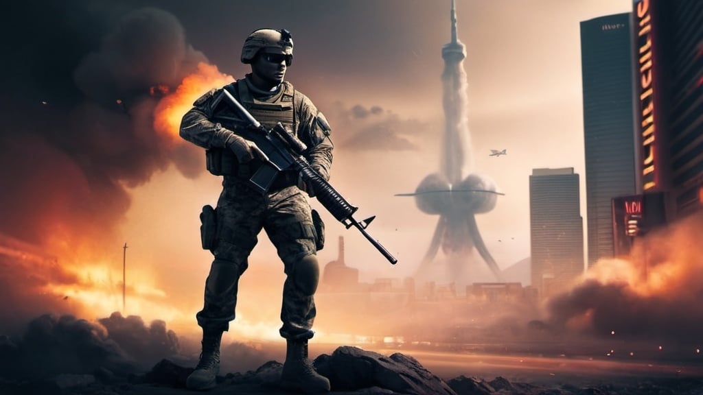 Prompt: Create an epic YouTube banner for Blur Vibes featuring a military sniper reminiscent of the Ghost character from Call of Duty. The backdrop should showcase a nuclear explosion in the distance of Vegas Strip backdrop. The atmosphere should be intense and gritty, with a blend of dark and neon colors to create a futuristic and engaging aesthetic. Include the text "Blur Vibes" in bold, modern typography that complements the military theme. The overall composition should convey action, excitement, and a high-octane gaming experience.