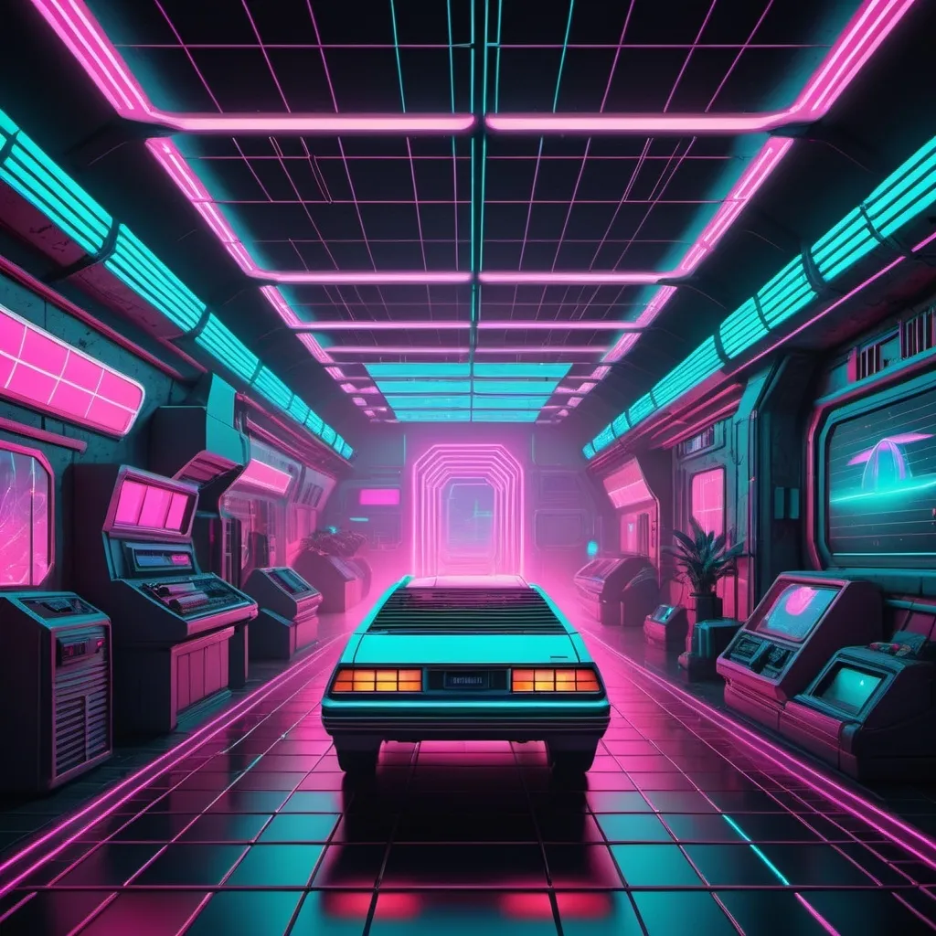 Prompt: Retro Futurism: 80s Sci-Fi Vibes. A nostalgic blend of 1980s sci-fi aesthetics with neon colors, grid lines, and retro-futuristic elements.