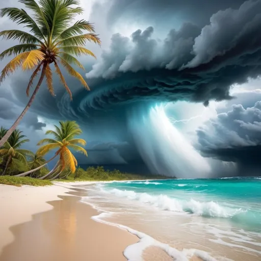 Prompt: Design a vibrant and dramatic banner featuring a Caribbean beach scene with lush palm trees and a crystal-clear ocean. In the background, show a powerful hurricane approaching, with dark, swirling clouds and intense winds, creating a contrast between the serene beach and the impending storm.