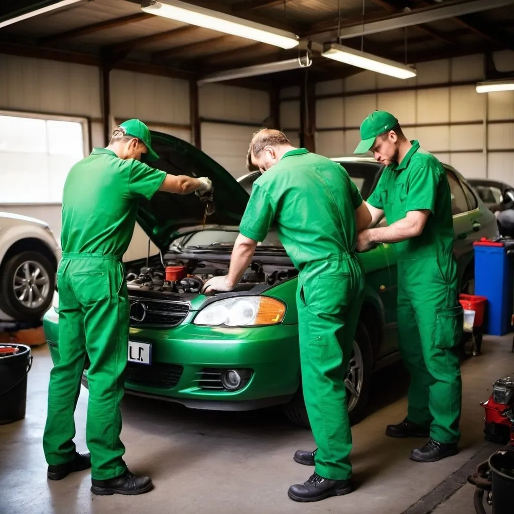 Prompt: Mechanics dressed in green in a garage changing oil in a car
